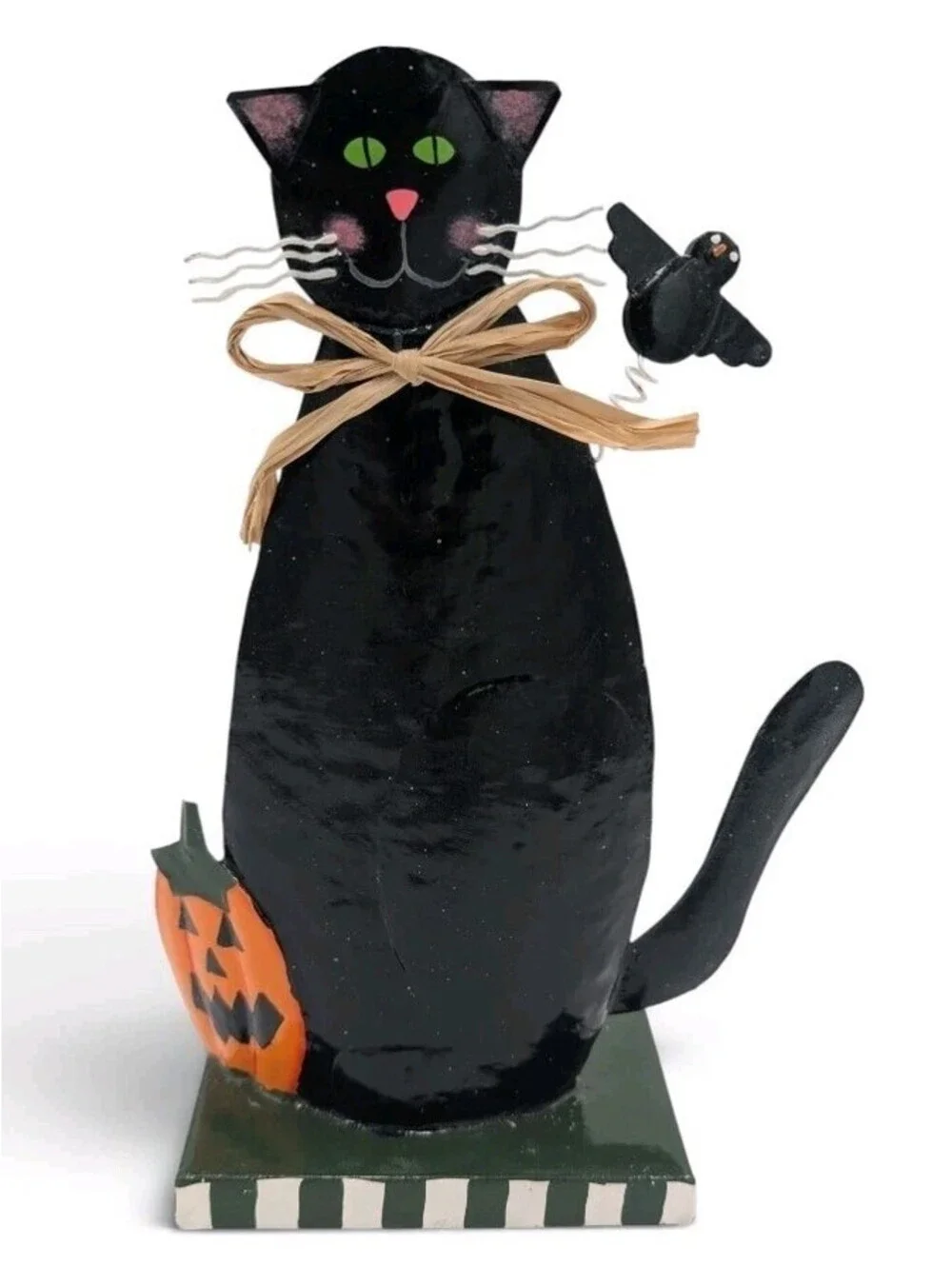 Vintage Primitive Black Cat Halloween Metal Figurine Pumpkin Crow Decor